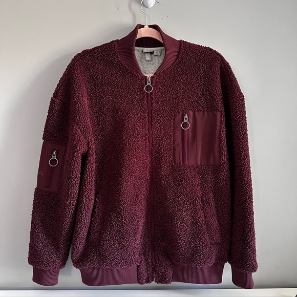 Bench Jackets & Blazers - Bench Teddy Bear Bomber Jacket Maroon Zipper Pockets Size S